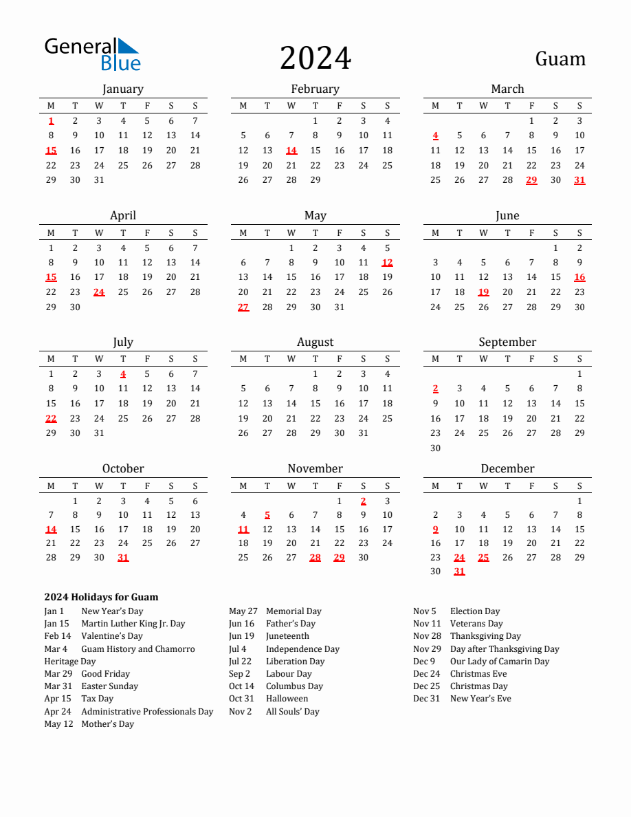 Free Guam Holidays Calendar for Year 2024