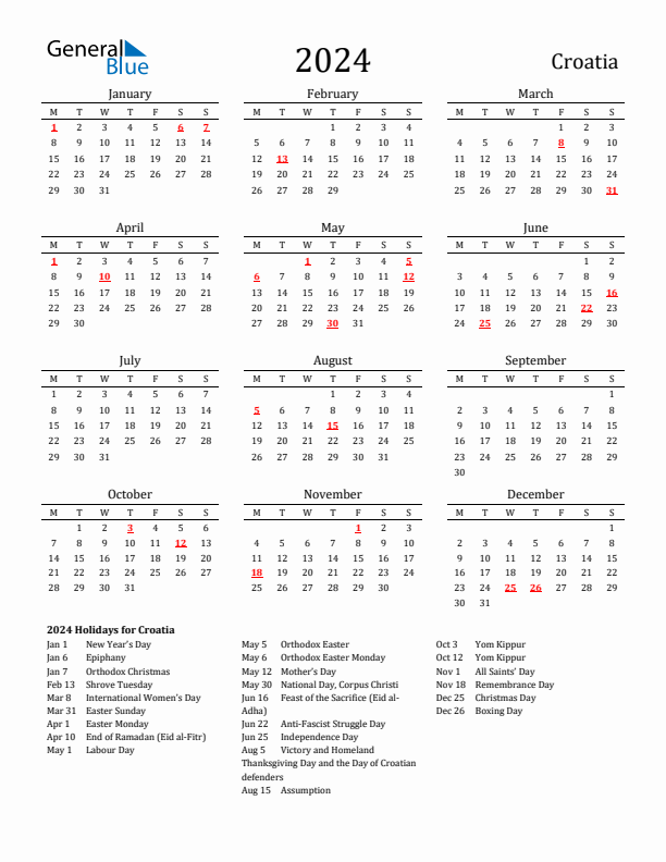Croatia Holidays Calendar for 2024