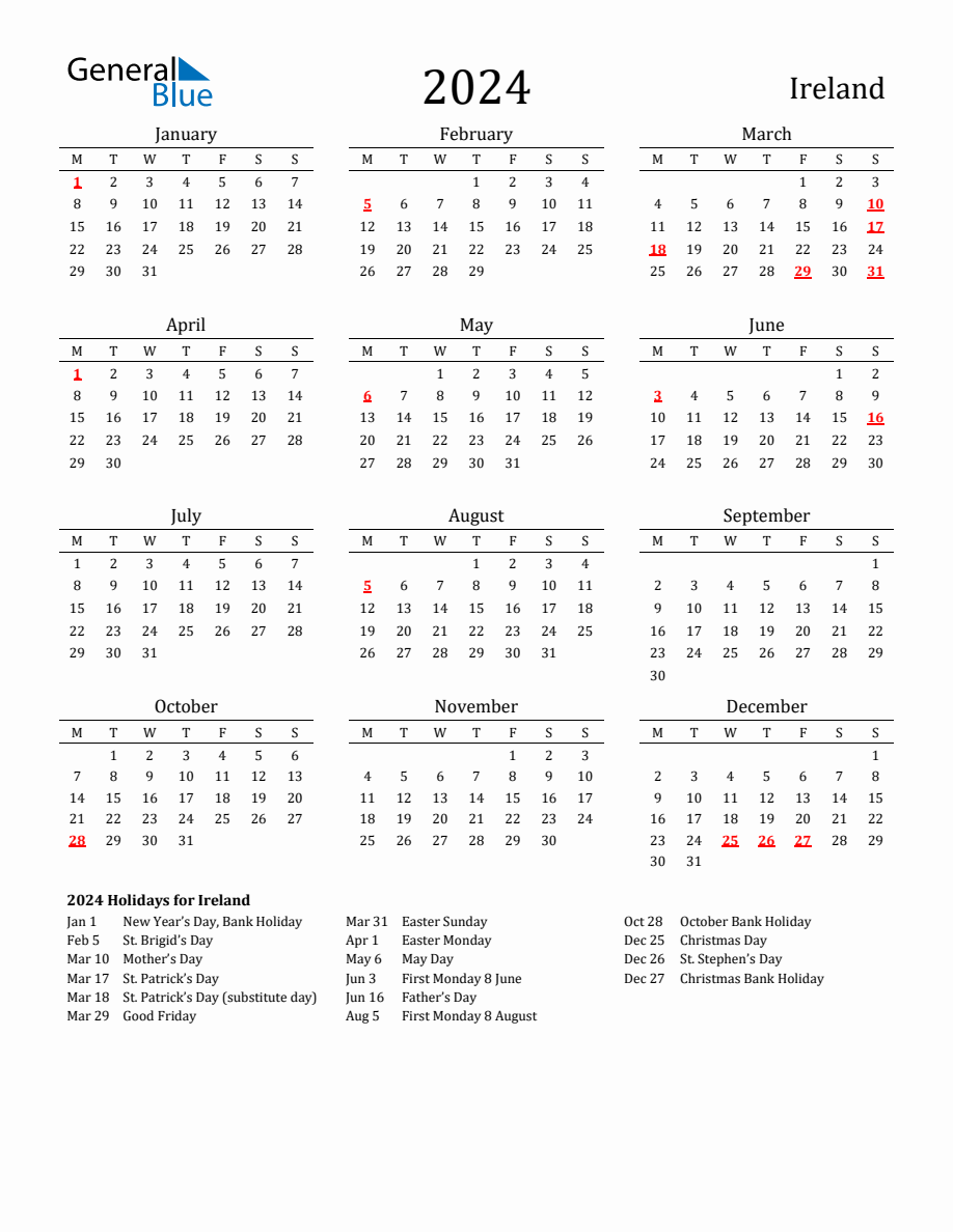 Free Ireland Holidays Calendar for Year 2024