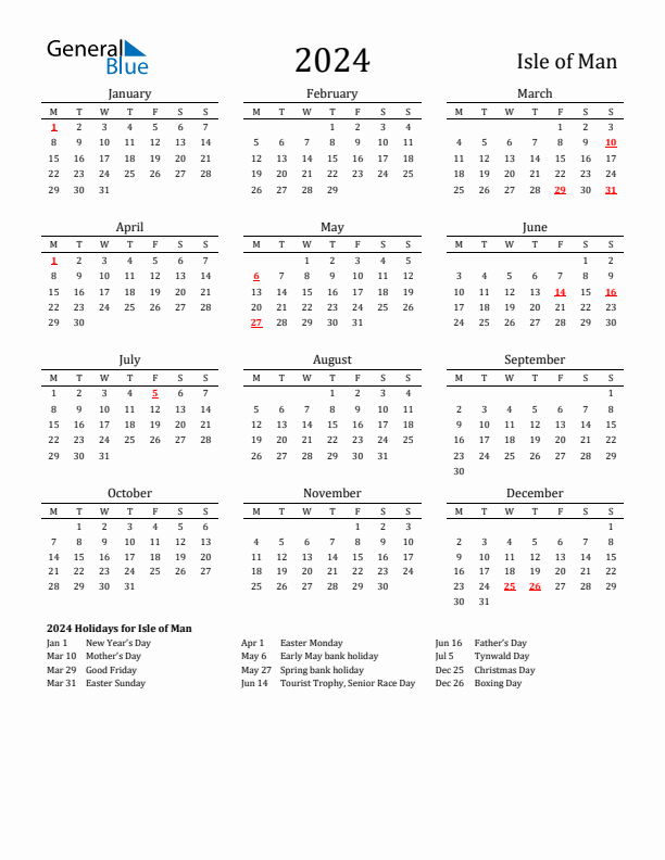 Isle of Man Holidays Calendar for 2024