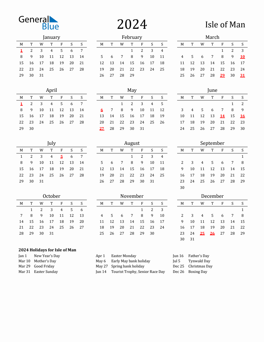 Free Isle of Man Holidays Calendar for Year 2024