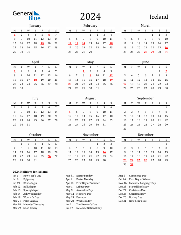 2024 Iceland Calendar with Holidays