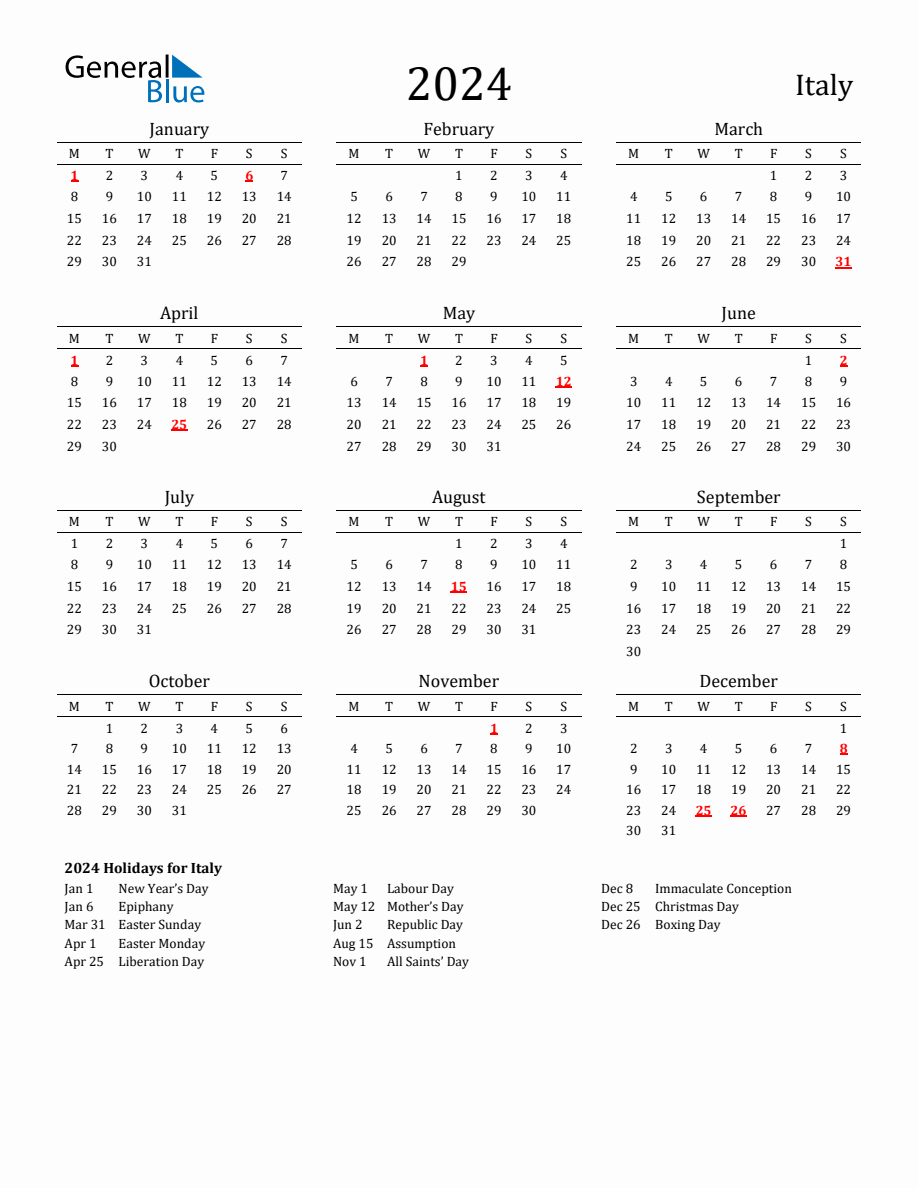 Free Italy Holidays Calendar For Year 2024