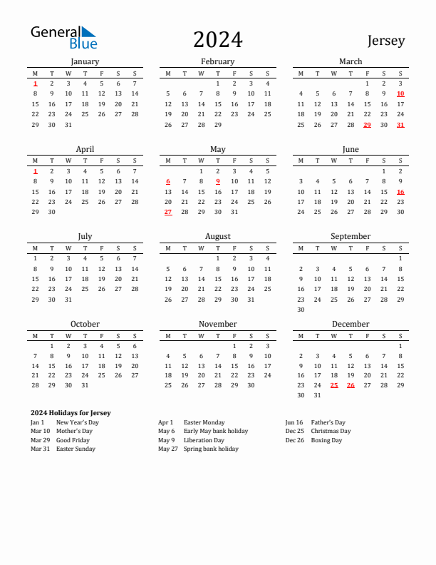 Jersey Holidays Calendar for 2024
