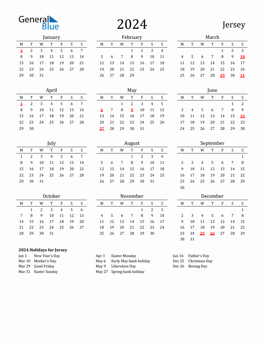 Free Jersey Holidays Calendar for Year 2024