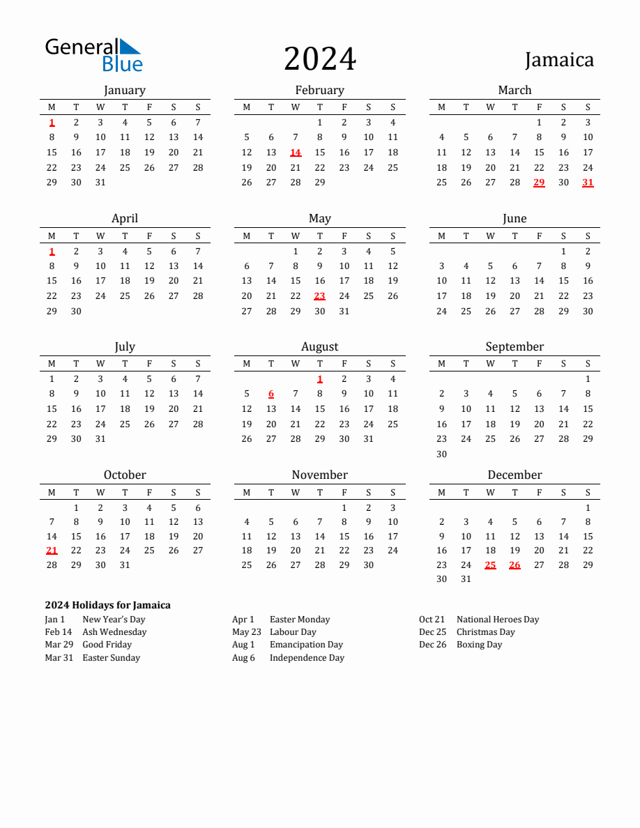 Free Jamaica Holidays Calendar for Year 2024