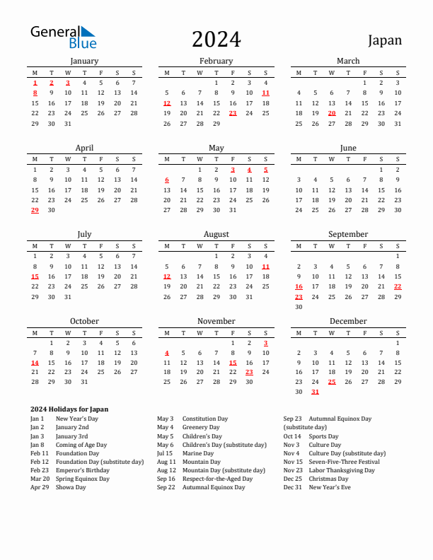 Japan Holidays Calendar for 2024