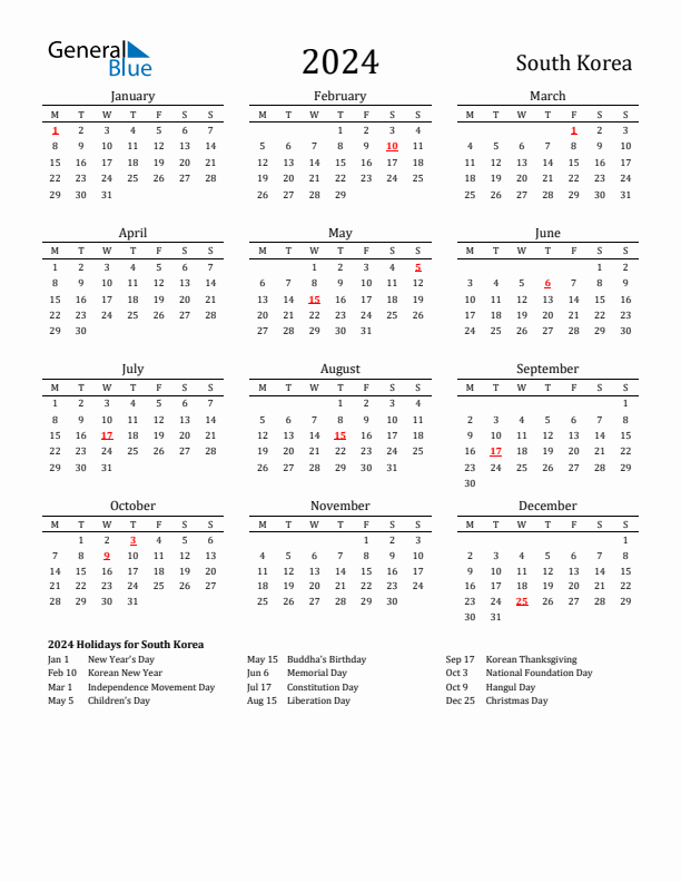 South Korea Holidays Calendar for 2024