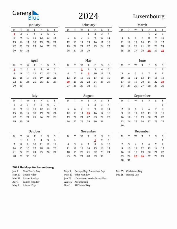 Luxembourg Holidays Calendar for 2024