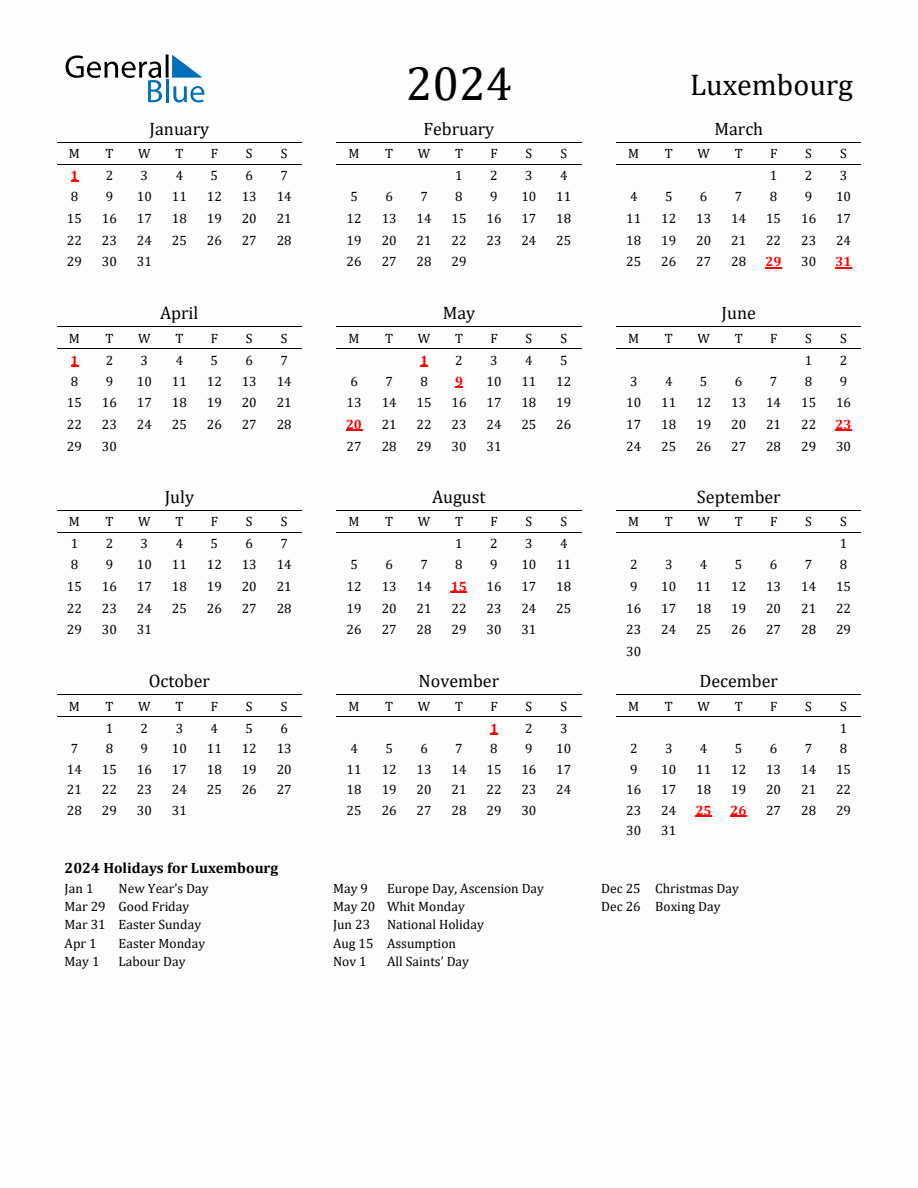 Free Luxembourg Holidays Calendar for Year 2024