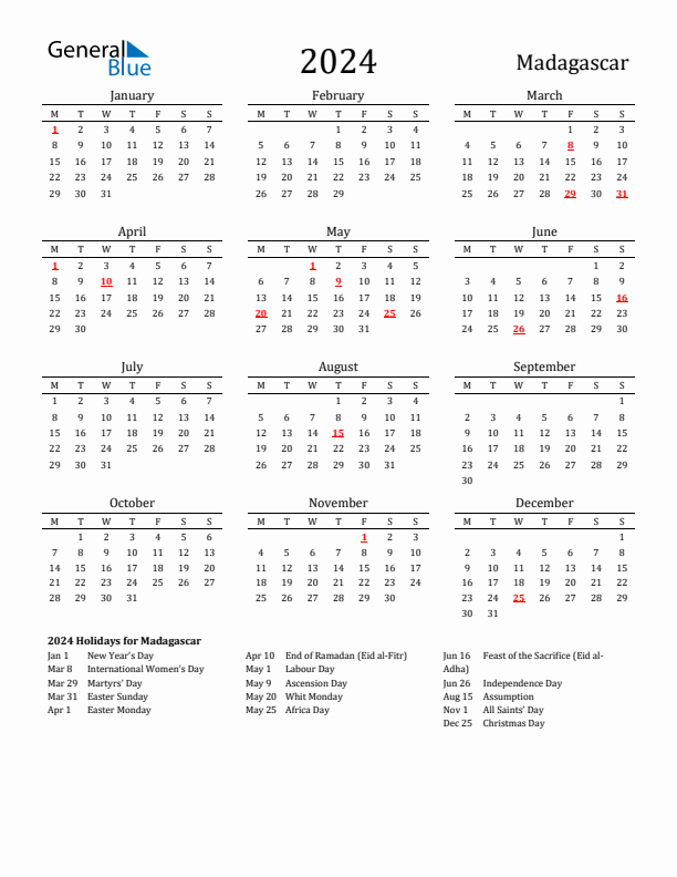 Madagascar Holidays Calendar for 2024