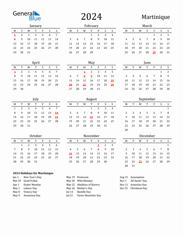 Martinique Holidays Calendar for 2024