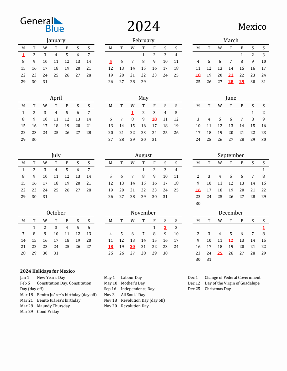 Free Mexico Holidays Calendar for Year 2024