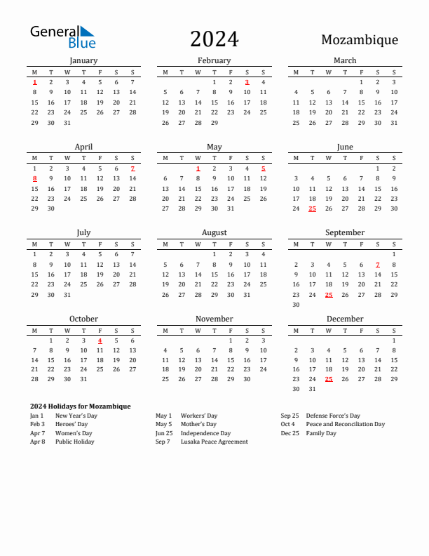 Mozambique Holidays Calendar for 2024