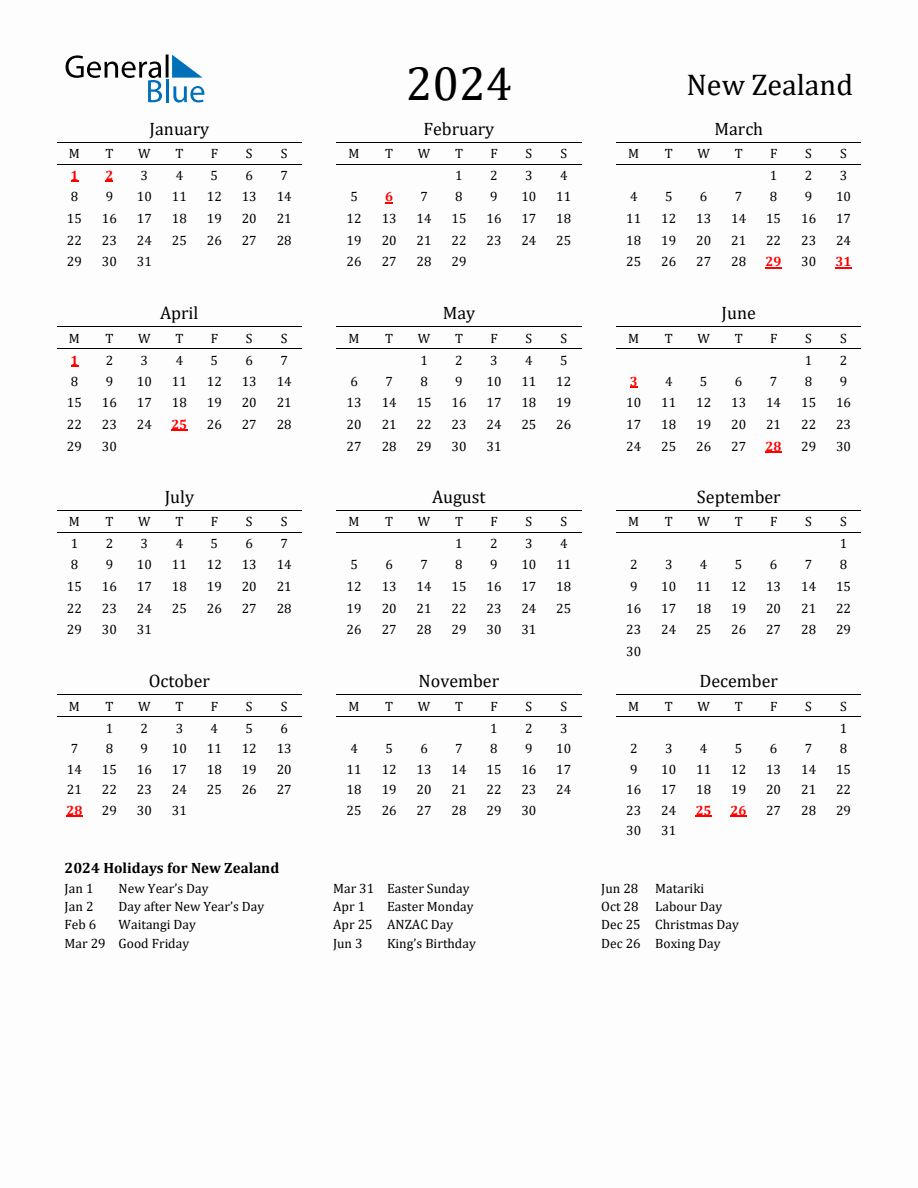 Free New Zealand Holidays Calendar for Year 2024