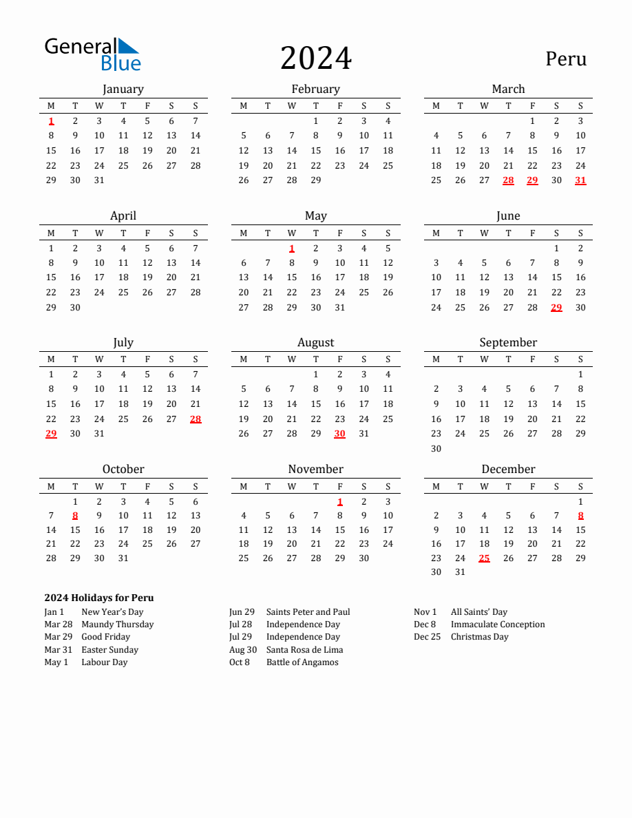 Free Peru Holidays Calendar for Year 2024