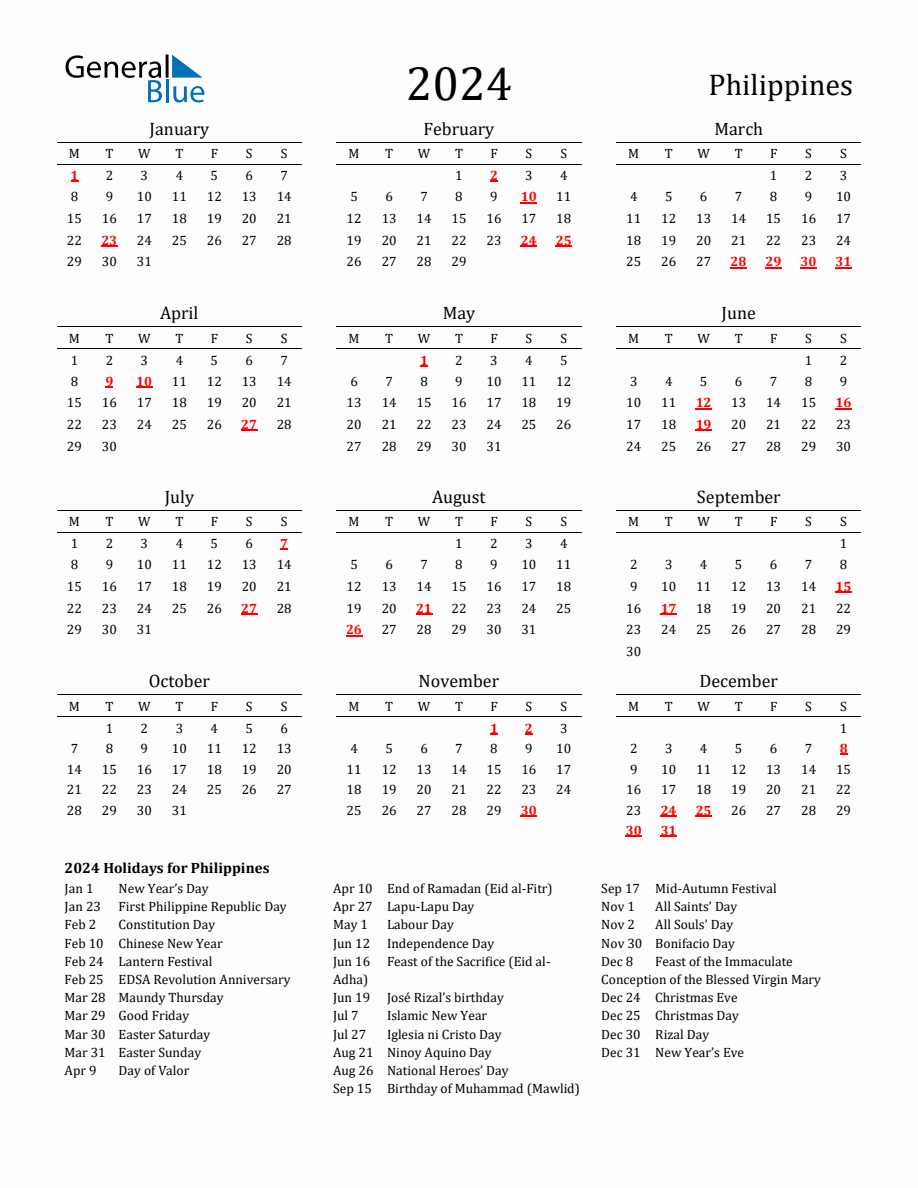 Free Philippines Holidays Calendar for Year 2024