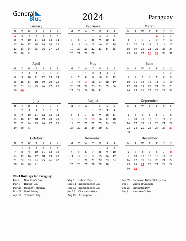 Paraguay Holidays Calendar for 2024