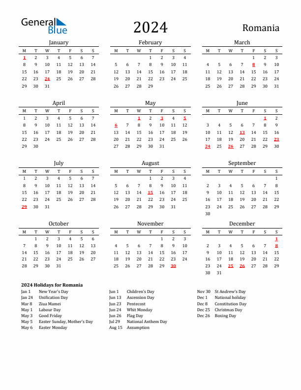 2024 Calendar Printable Classic With Holidays Portrait Monday Start En Ro 612x792 