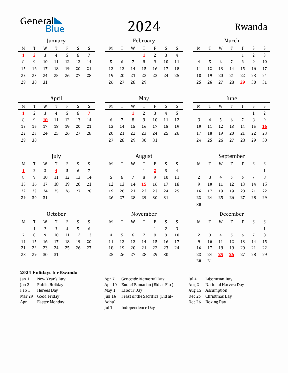 Free Rwanda Holidays Calendar for Year 2024