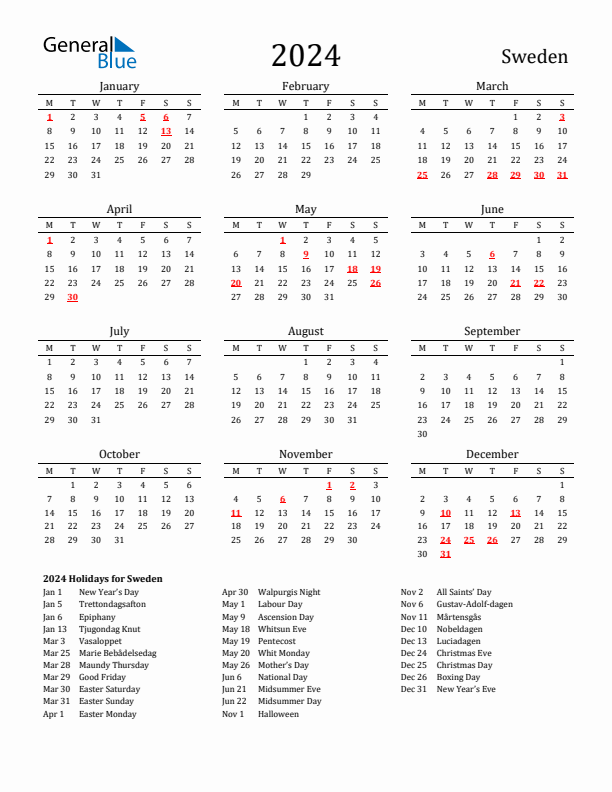 Sweden Holidays Calendar for 2024