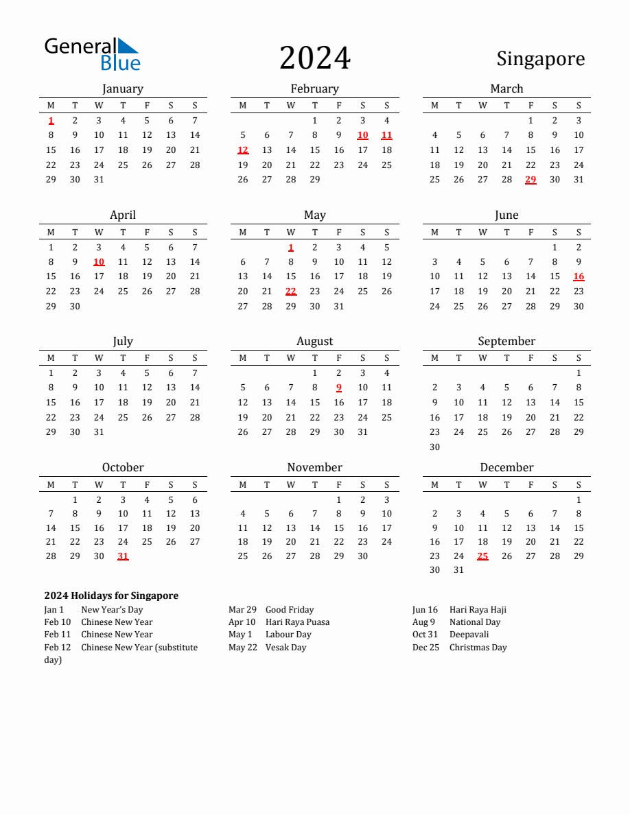 Free Singapore Holidays Calendar for Year 2024