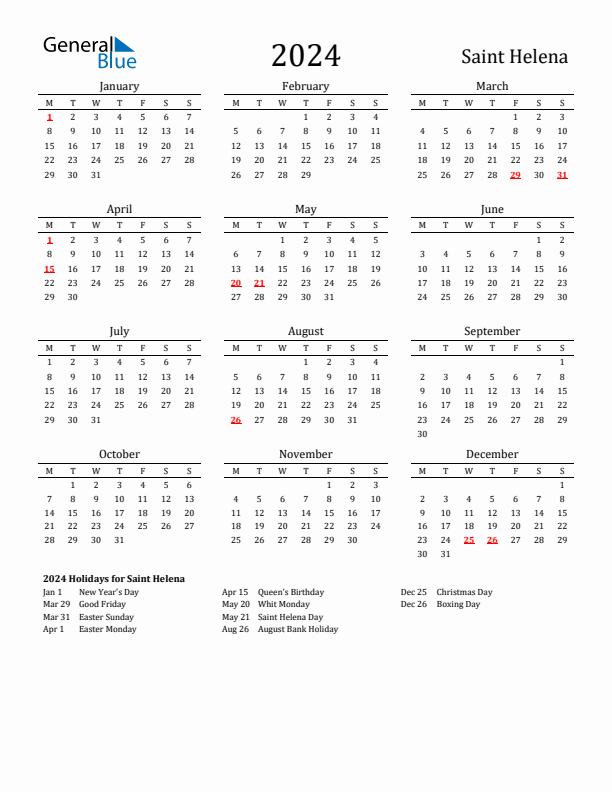 Saint Helena Holidays Calendar for 2024