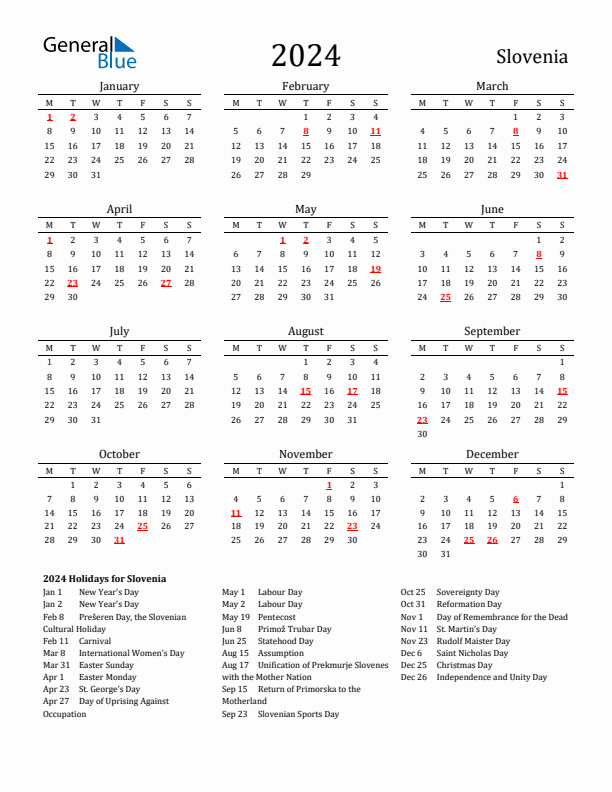 2024 Slovenia Calendar with Holidays