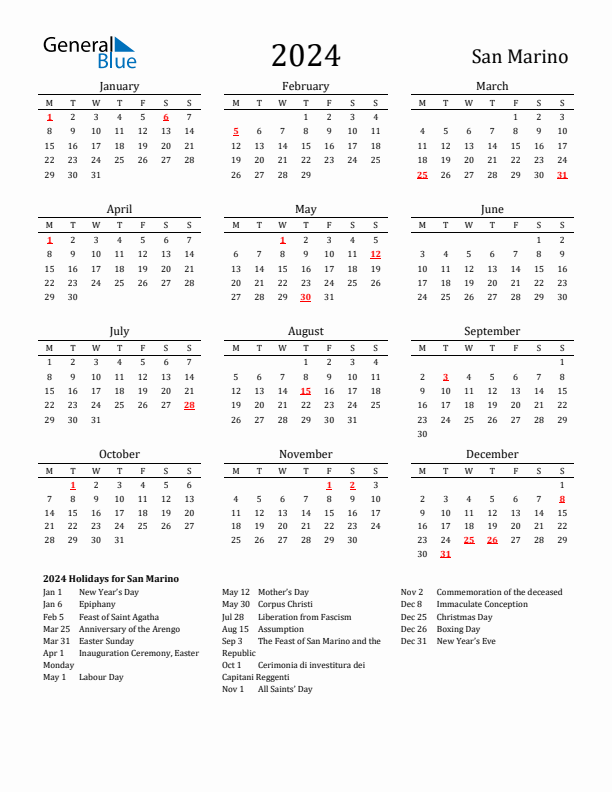 San Marino Holidays Calendar for 2024
