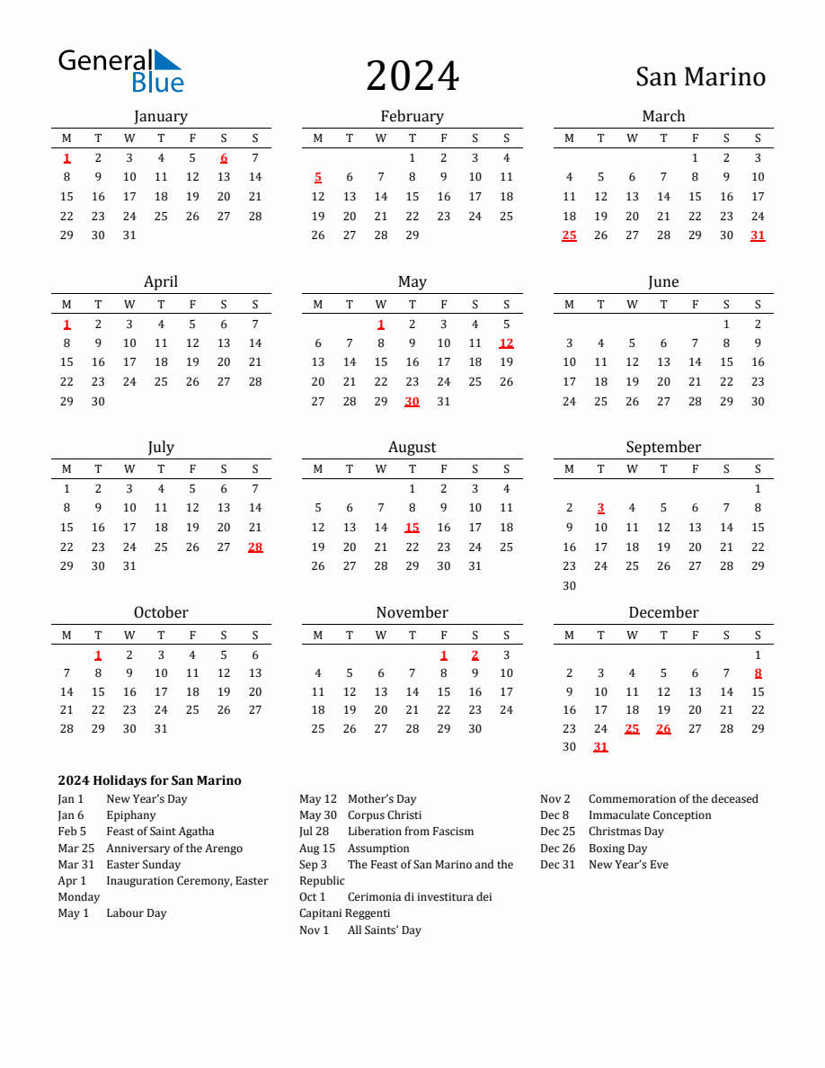 Free San Marino Holidays Calendar for Year 2024