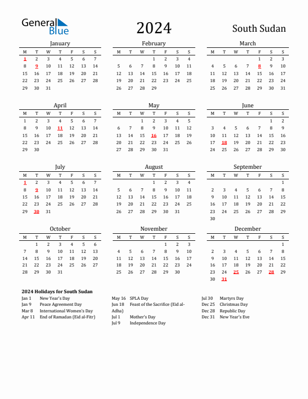 South Sudan Holidays Calendar for 2024