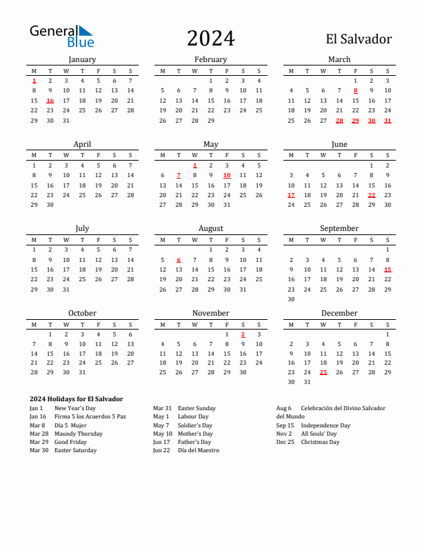 El Salvador Holidays Calendar for 2024