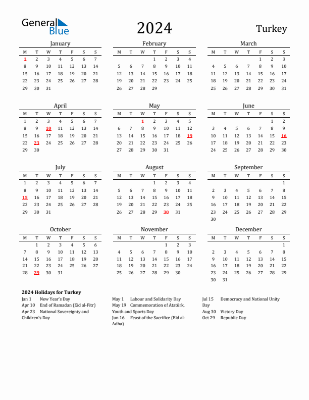 Turkey Holidays Calendar for 2024