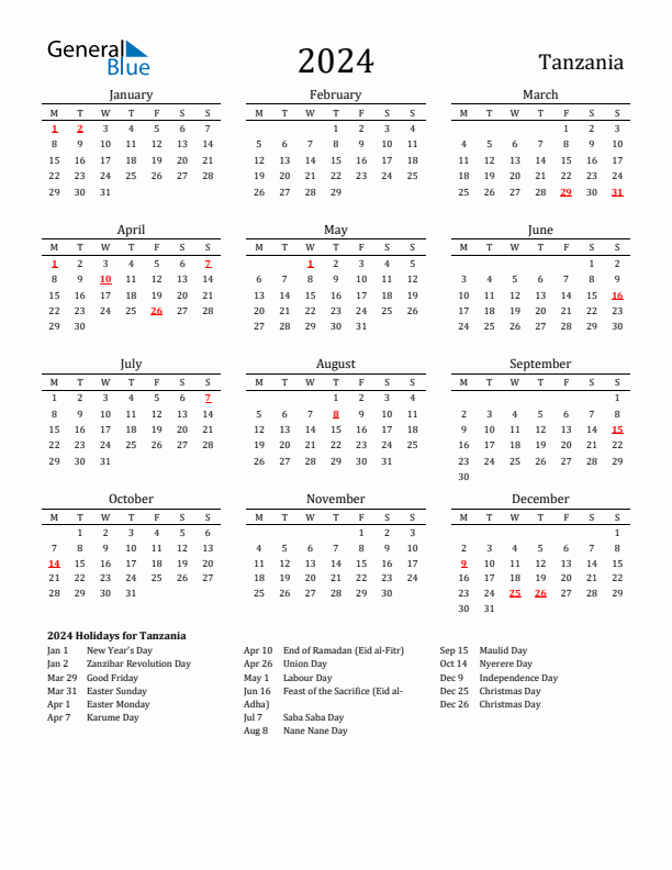 Tanzania Holidays Calendar for 2024