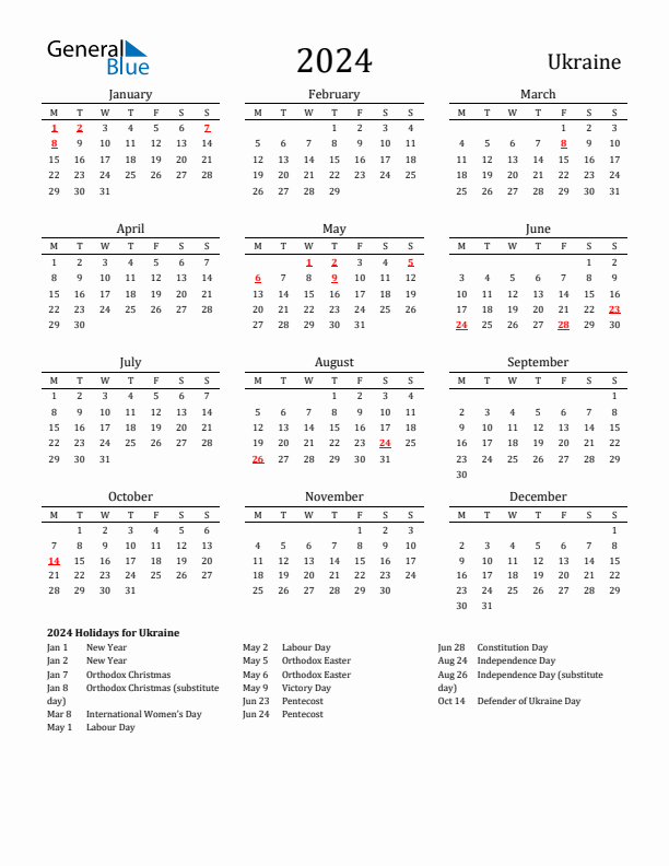 Ukraine Holidays Calendar for 2024