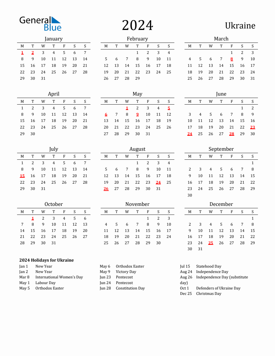 Free Ukraine Holidays Calendar for Year 2024