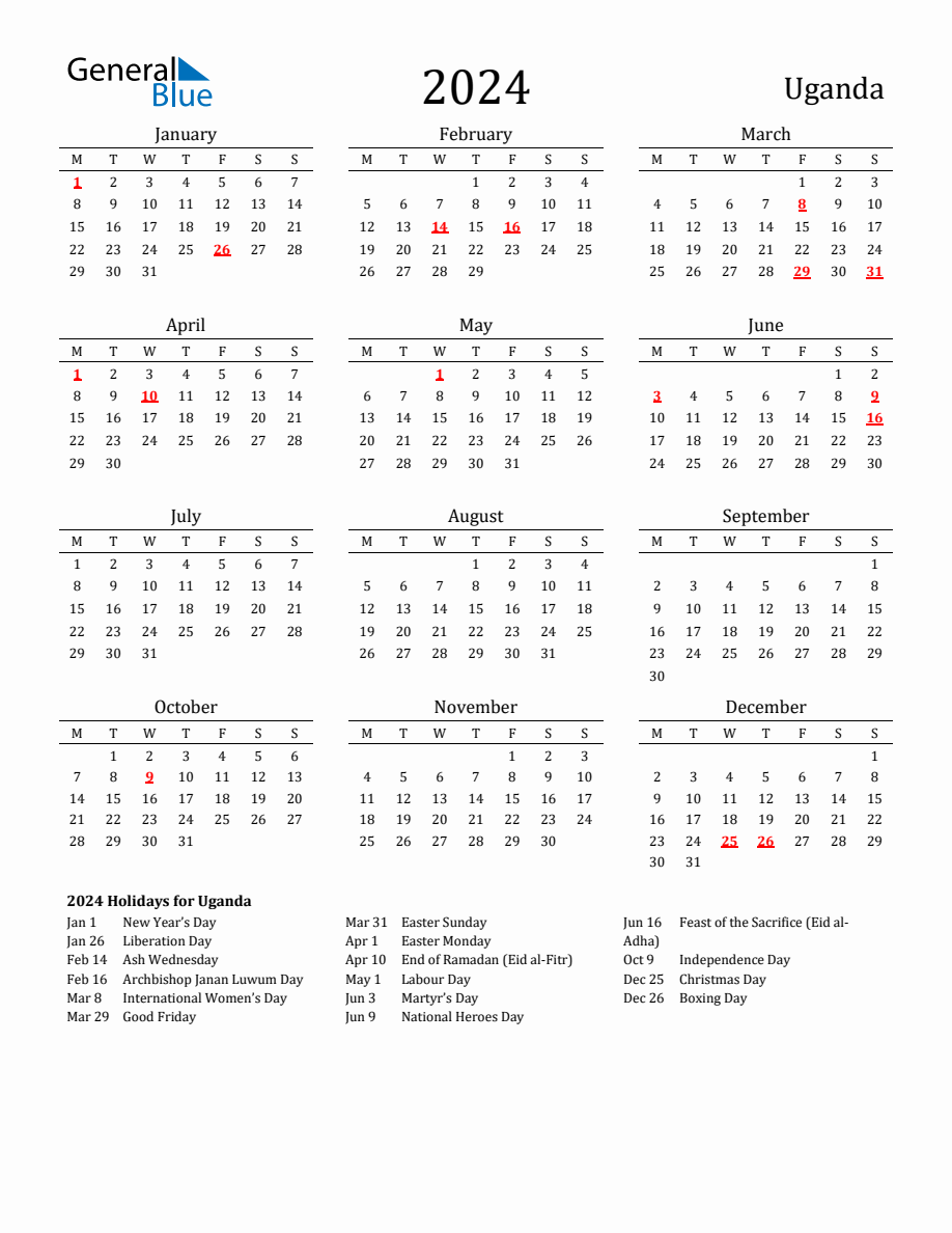 Free Uganda Holidays Calendar for Year 2024