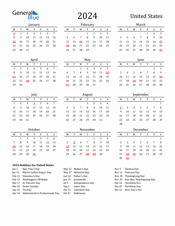 United States Holidays Calendar for 2024