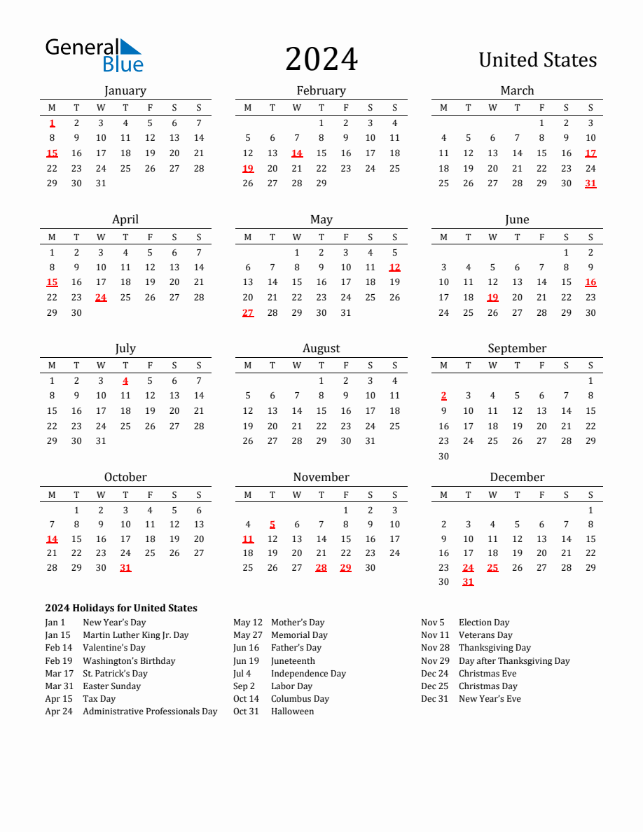 Free United States Holidays Calendar for Year 2024