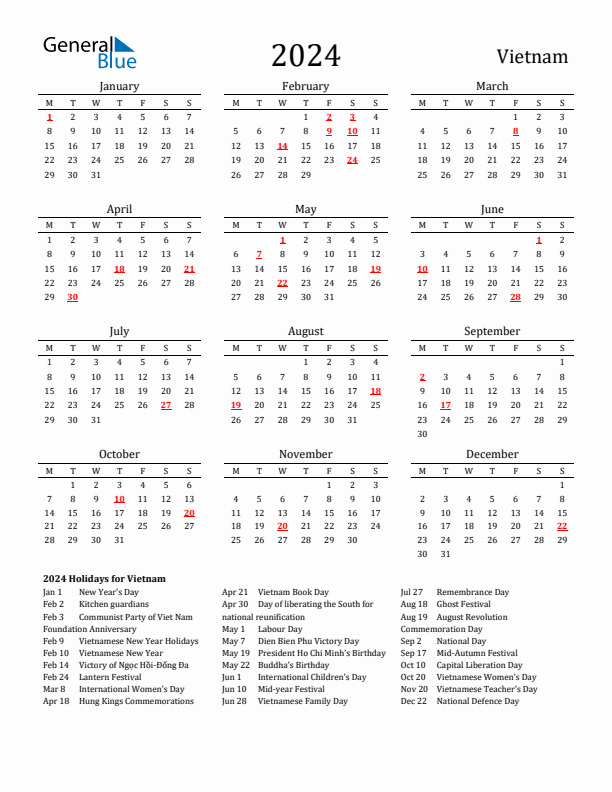 Vietnam Holidays Calendar for 2024