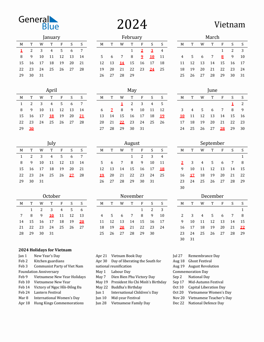 Free Vietnam Holidays Calendar for Year 2024