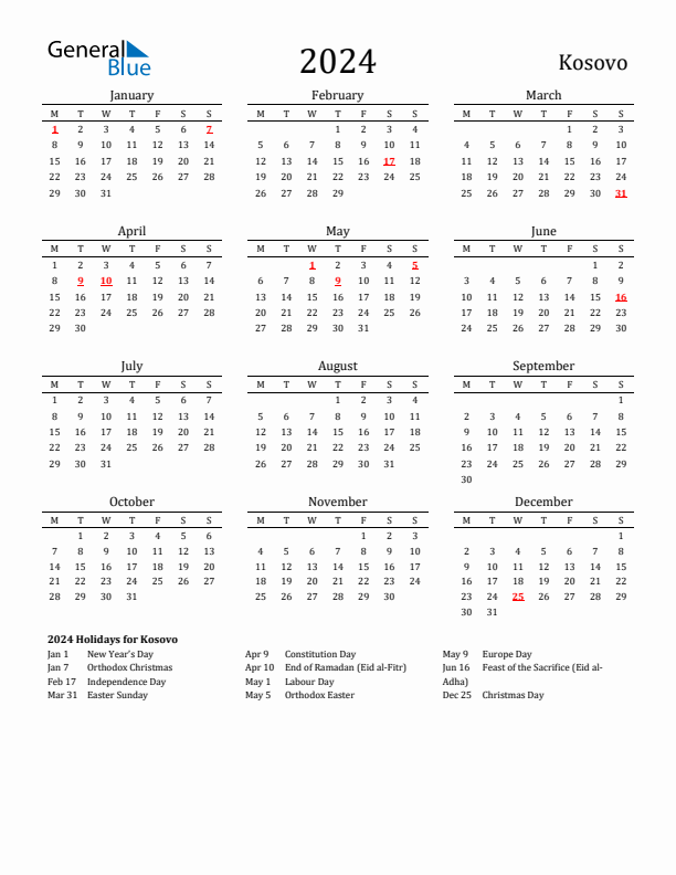 Kosovo Holidays Calendar for 2024