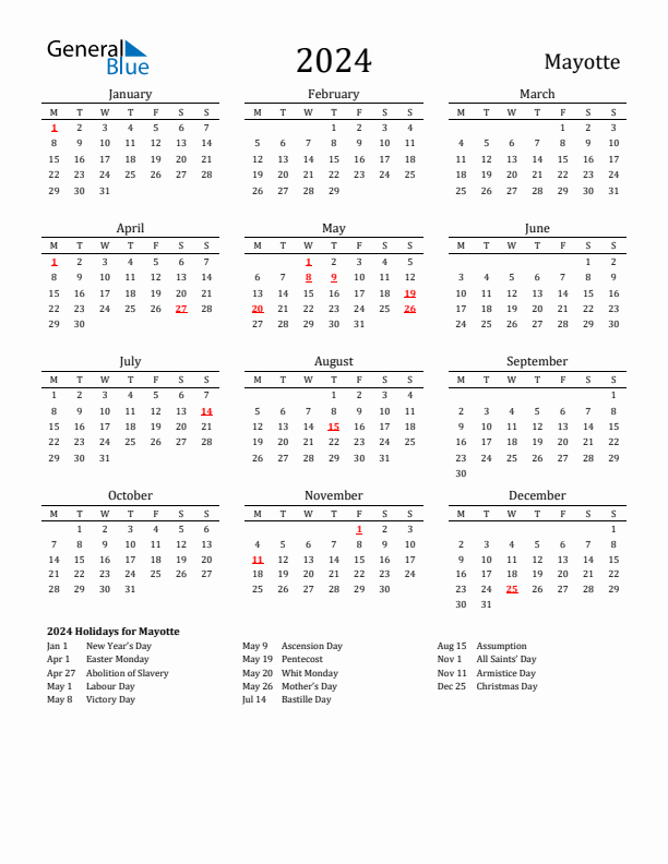 Mayotte Holidays Calendar for 2024