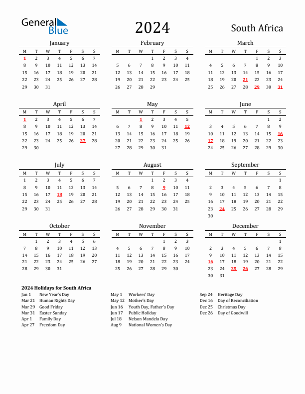South Africa Holidays Calendar for 2024