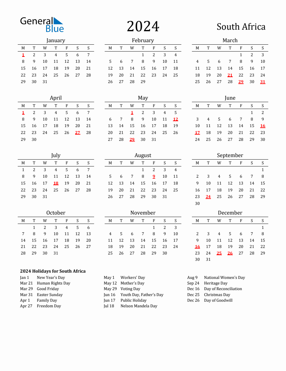 Free South Africa Holidays Calendar for Year 2024