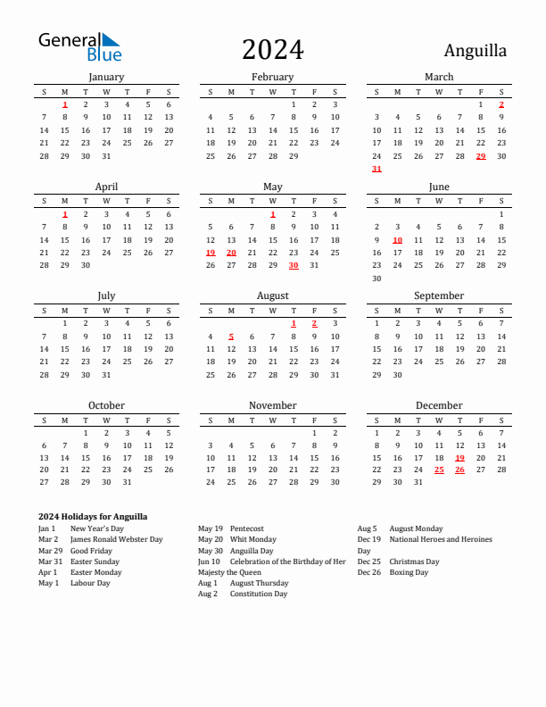 Anguilla Holidays Calendar for 2024