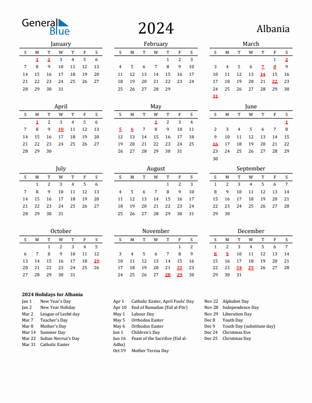 Albania Holidays Calendar for 2024