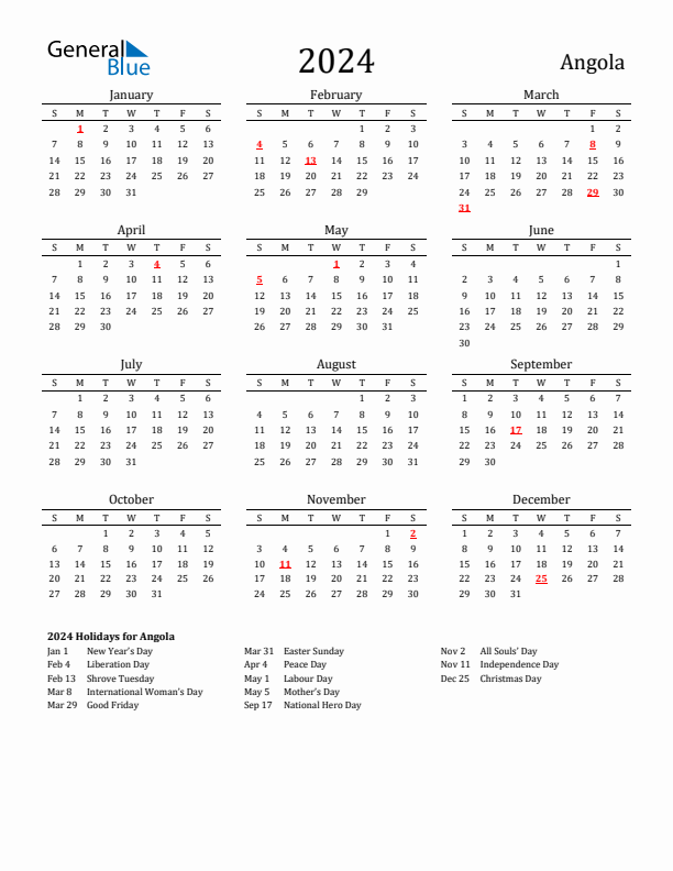 Angola Holidays Calendar for 2024
