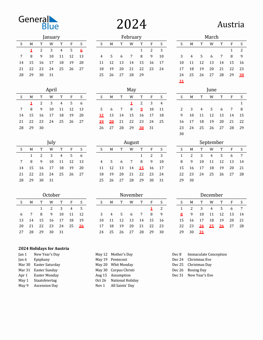 Free Austria Holidays Calendar for Year 2025