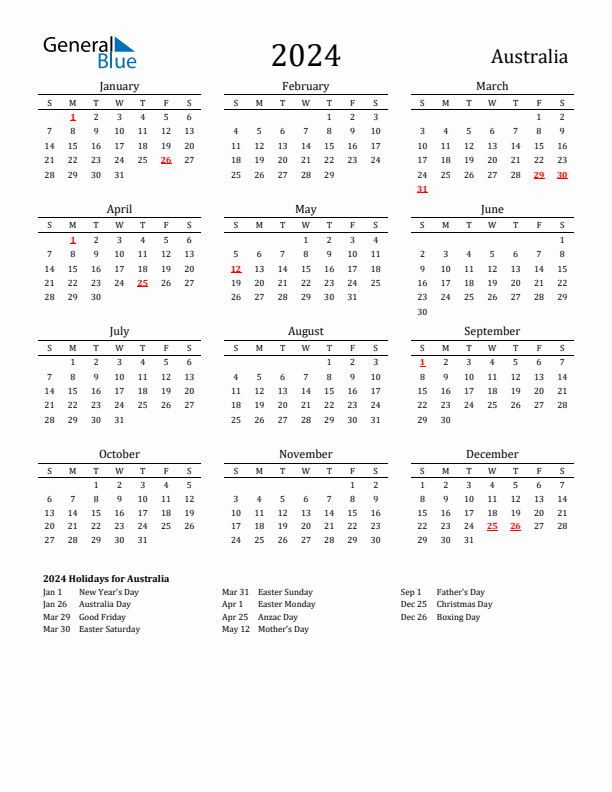 2024 Australia Calendar With Holidays